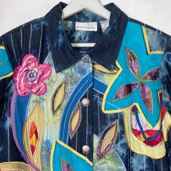 Drapers & Damon's Jean Jacket Women’s XL Multicolor 90s Abstract Floral Rainbow - Picture 4 of 8